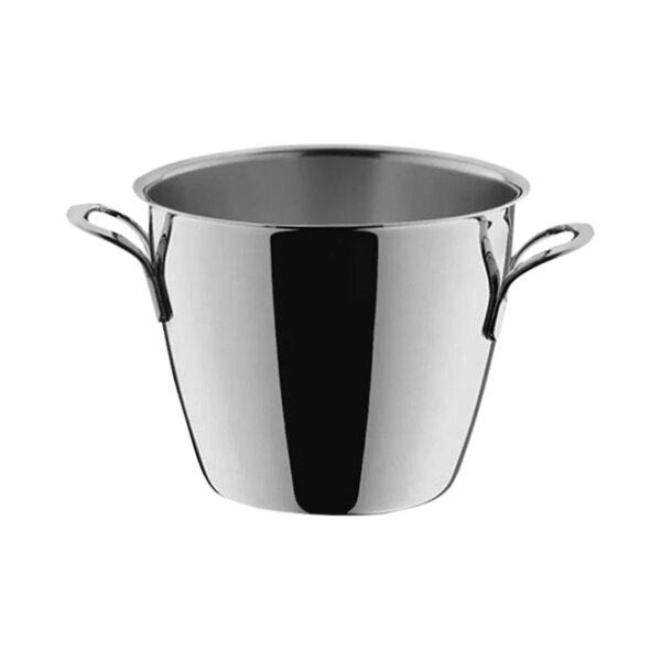 A silver stainless steel WMF ice bucket with handles.