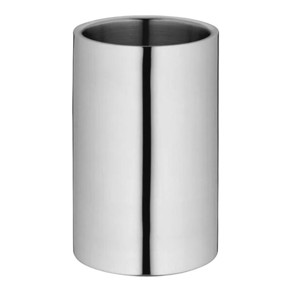 A silver stainless steel cylinder with a handle on a white background.