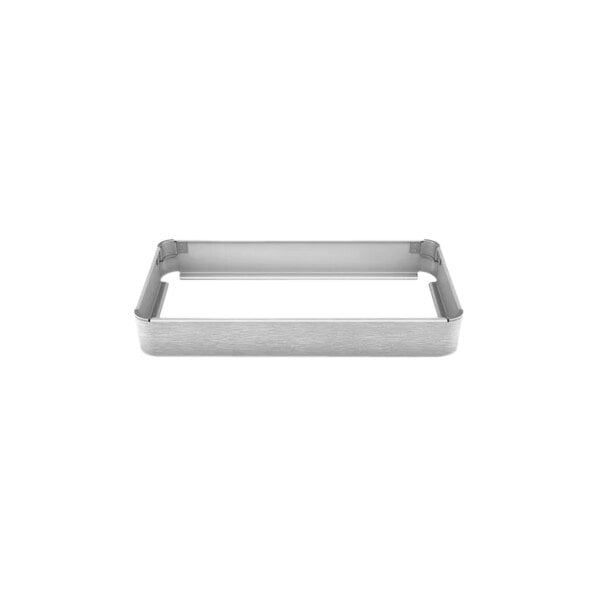 A rectangular stainless steel buffet console on a counter.