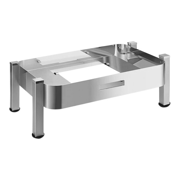 A silver stainless steel rectangular chafing dish frame with black legs.