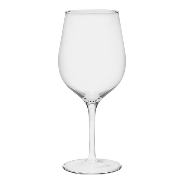 A close-up of a clear Tossware Reserve Go-To plastic wine glass.