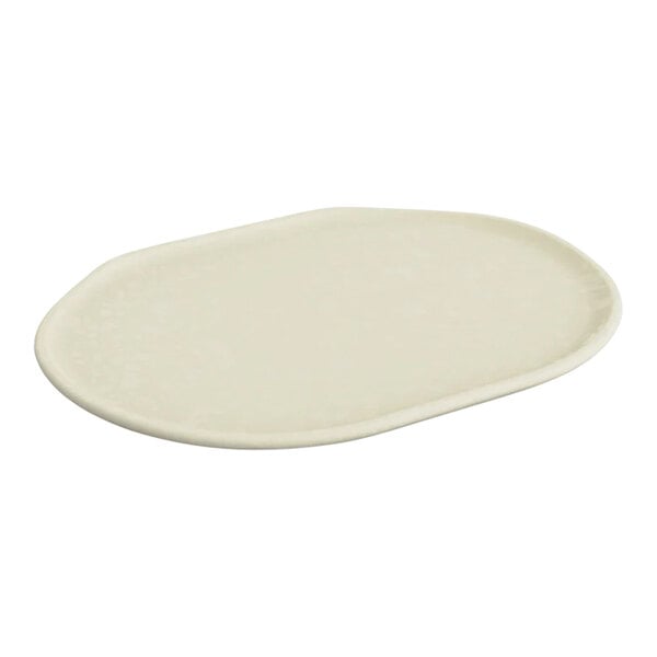 A white oval Dalebrook by BauscherHepp melamine platter with a cream crackle design.