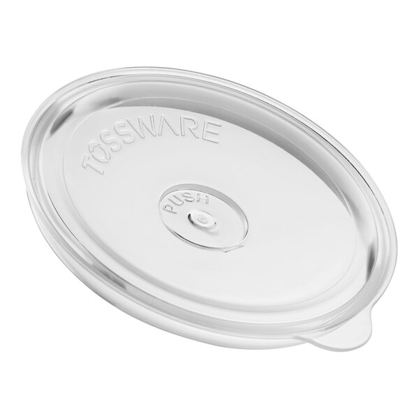 A clear plastic Tossware lid with a straw slot.