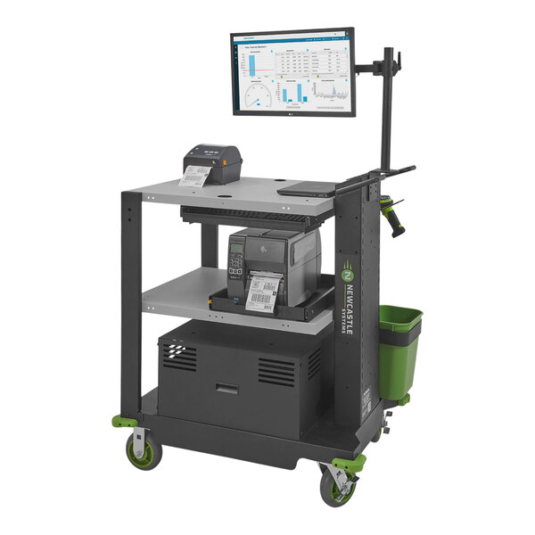 A Newcastle Systems heavy-duty powered mobile work station with a computer and printer on it.