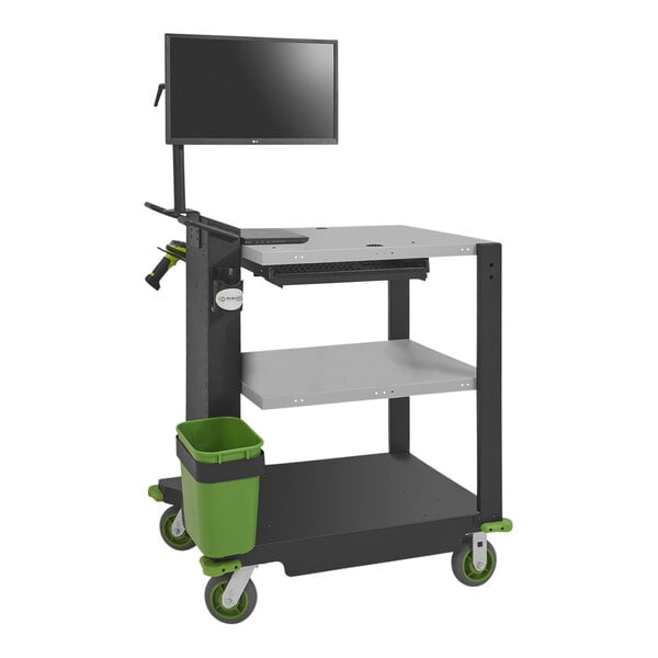 A black Newcastle Systems PC490 mobile work station with a waste basket.