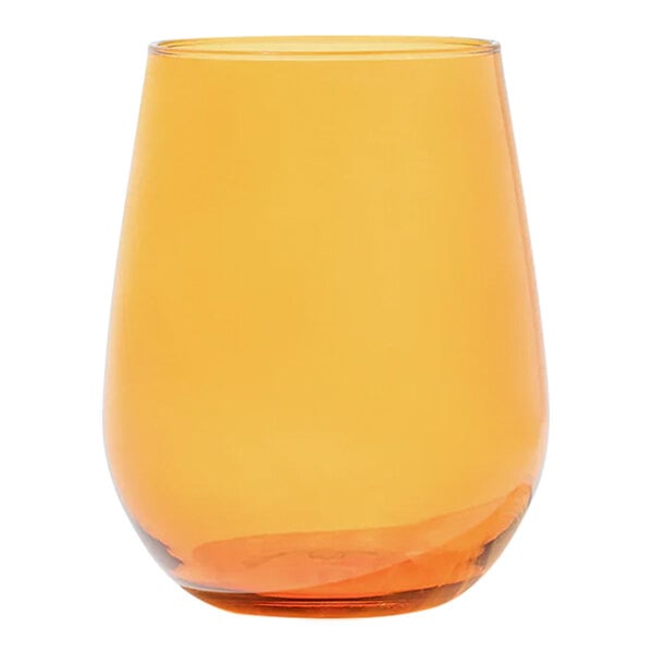 A Tossware amber plastic stemless wine glass with a white background.