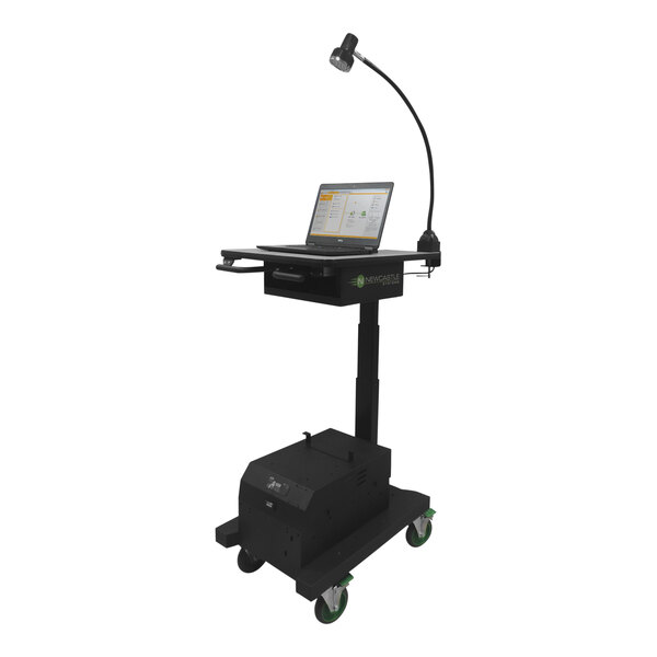 A Newcastle Systems Apex Series sit/stand mobile workstation with a laptop on it.