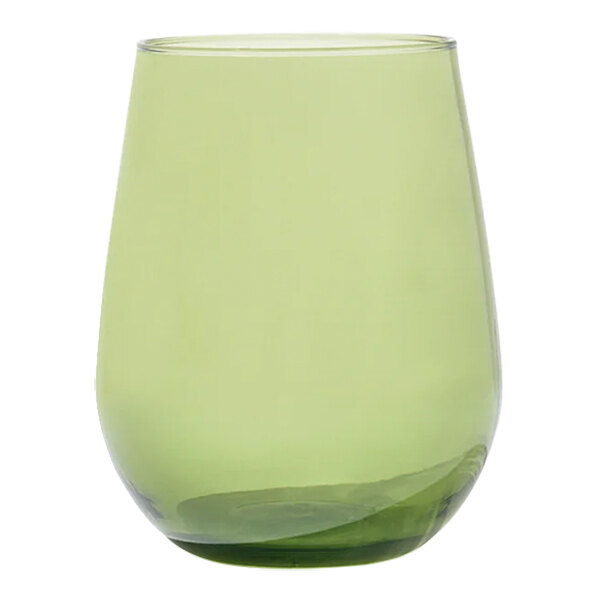 A Tossware Moss Tritan plastic stemless wine glass with a green background.