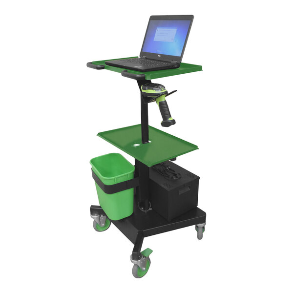 A Newcastle Systems LT Series powered mobile industrial laptop workstation with a laptop on a green surface.