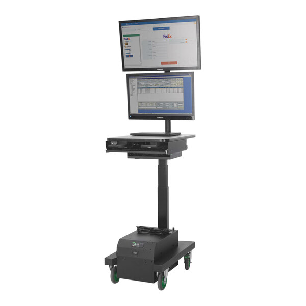 A Newcastle Systems mobile sit/stand workstation with a computer monitor on a cart.