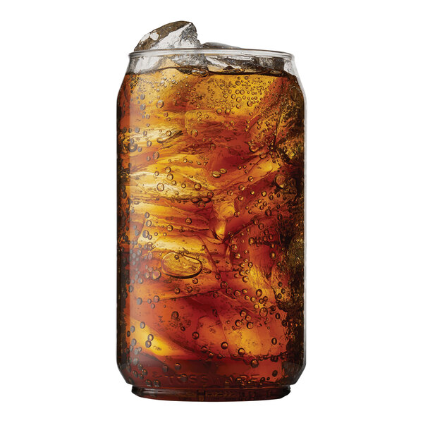 A Tossware plastic can glass filled with ice and soda.