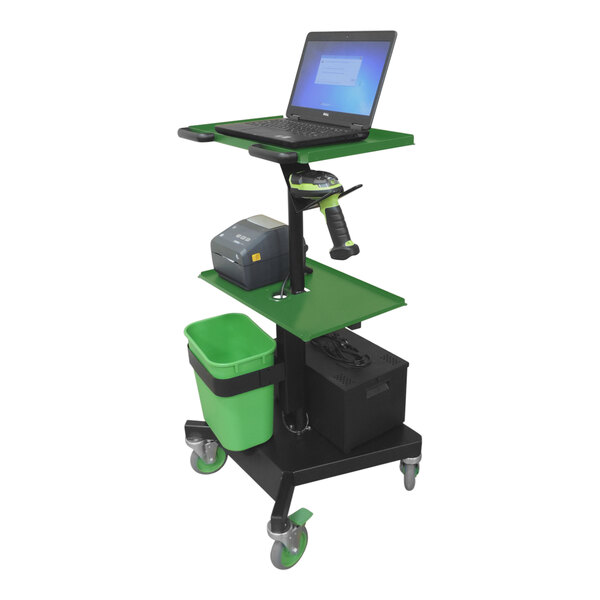 A Newcastle Systems black and green powered mobile laptop workstation with a laptop on a green cart.