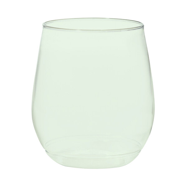 A Tossware clear plastic wine glass with a white background.