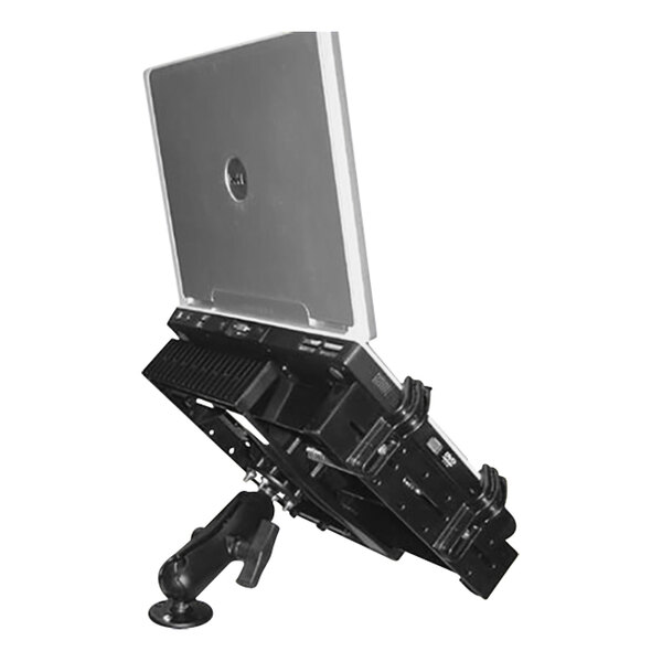 A Newcastle Systems laptop holder with an attached laptop on a stand.