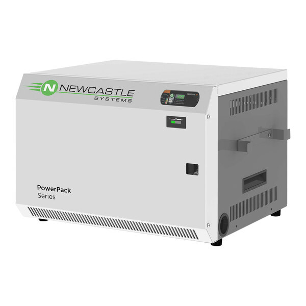 A white rectangular Newcastle Power Systems PowerPack with buttons and a green logo.