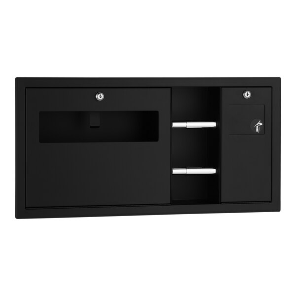 A black metal box with a door open and two black drawers inside.