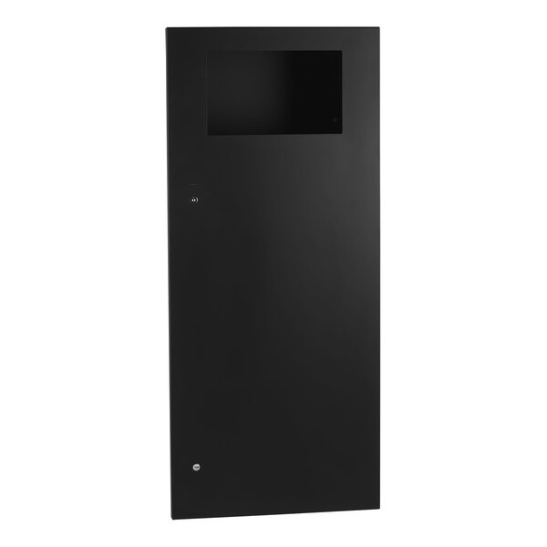 A black rectangular Bobrick TrimLineSeries waste receptacle with a door on it.
