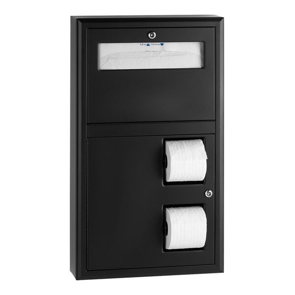 A black metal box with a toilet paper dispenser and seat cover dispenser.