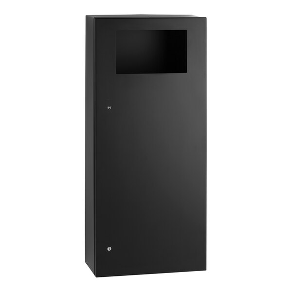 A black rectangular Bobrick waste receptacle with a metal door.