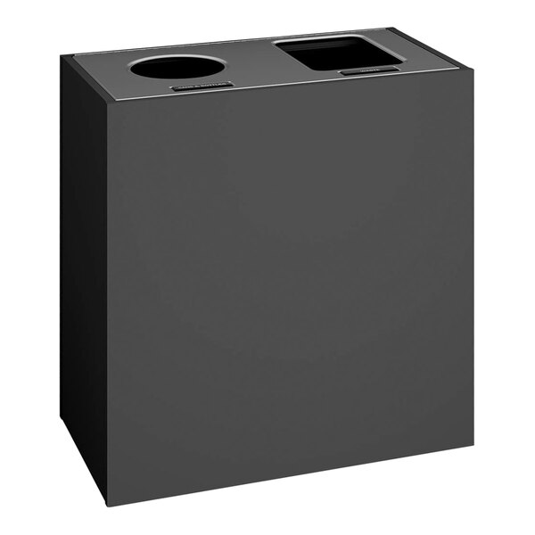 A Busch Systems slate composite rectangular receptacle with two compartments for cans and bottles.