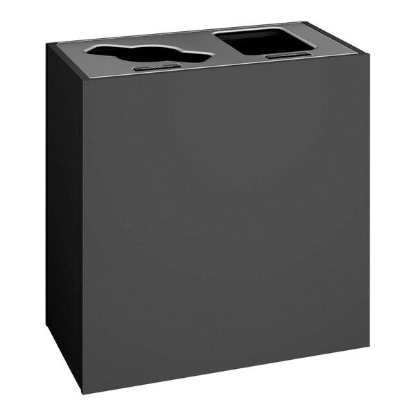 A black rectangular Busch Systems decorative waste receptacle with two compartments and two rectangular holes.
