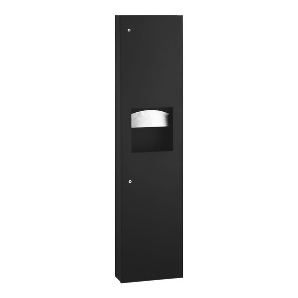 A black rectangular Bobrick TrimLineSeries paper towel dispenser and waste receptacle with a door.