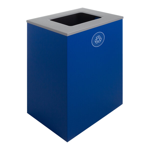 A blue rectangular Busch Systems decorative recycle bin with a recycle symbol.