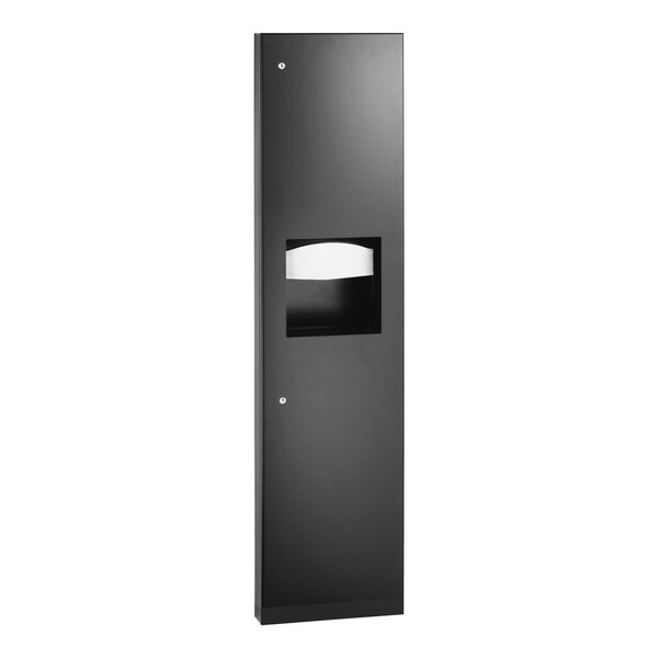 A black rectangular Bobrick TrimLineSeries paper towel dispenser with a black door.