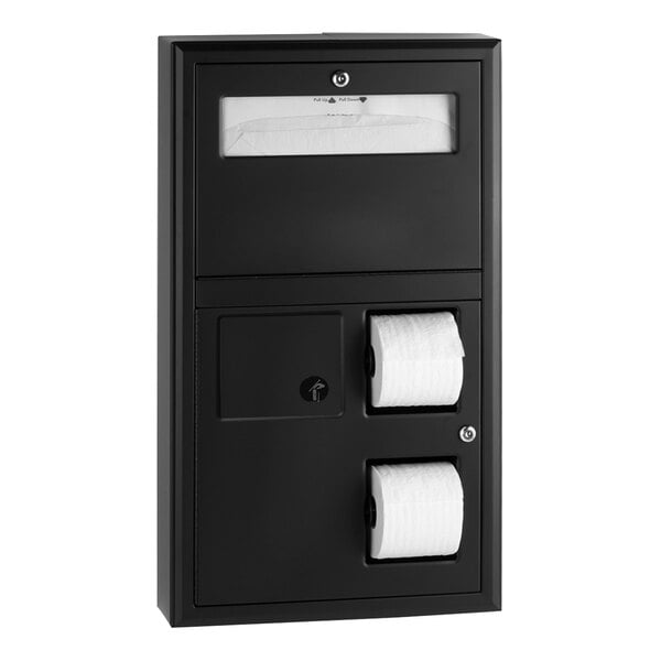 A black metal Bobrick combination toilet seat cover, sanitary napkin, and toilet tissue dispenser.