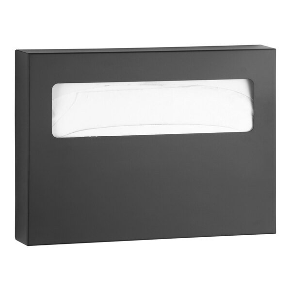 A black rectangular box with a window containing white rectangular tissue paper.