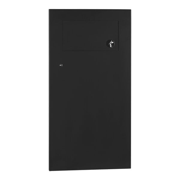 A black rectangular Bobrick TrimLineSeries recessed waste receptacle with a keyhole.