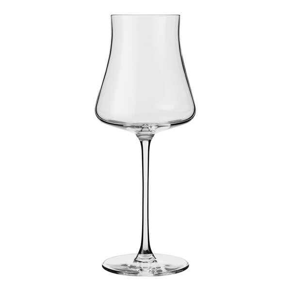 A close-up of a clear Libbey Virtuoso wine glass with a long stem.