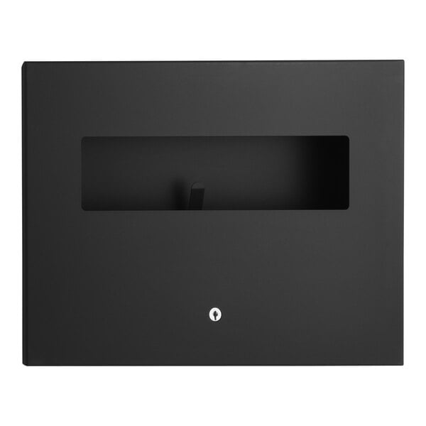 A black wall-mounted Bobrick TrimLineSeries recessed toilet seat cover dispenser.