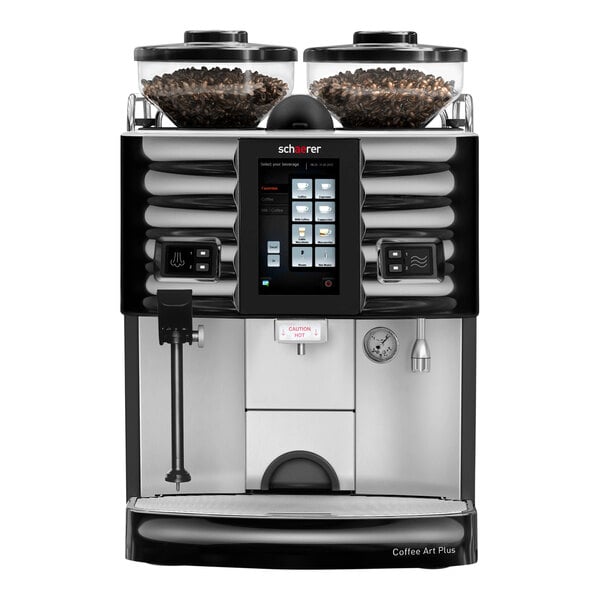 A white Schaerer Coffee Art Plus espresso machine with a touchscreen and two bowls of coffee beans.