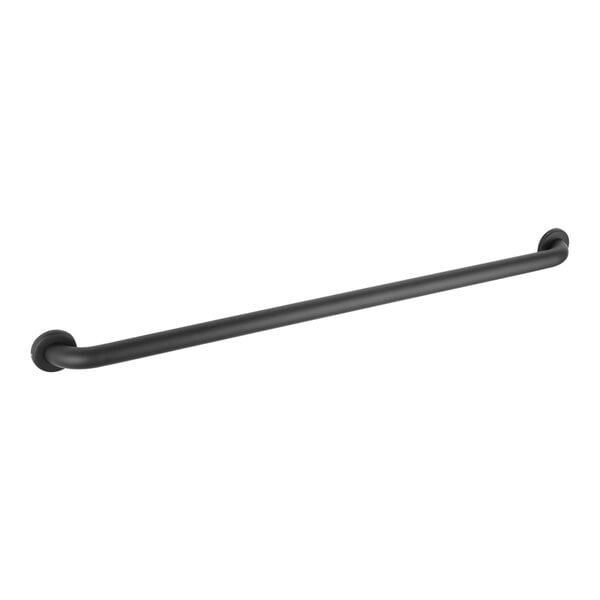 A black metal grab bar with a white background.
