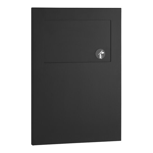 A black rectangular Bobrick sanitary napkin disposal receptacle with a white logo and arrow.