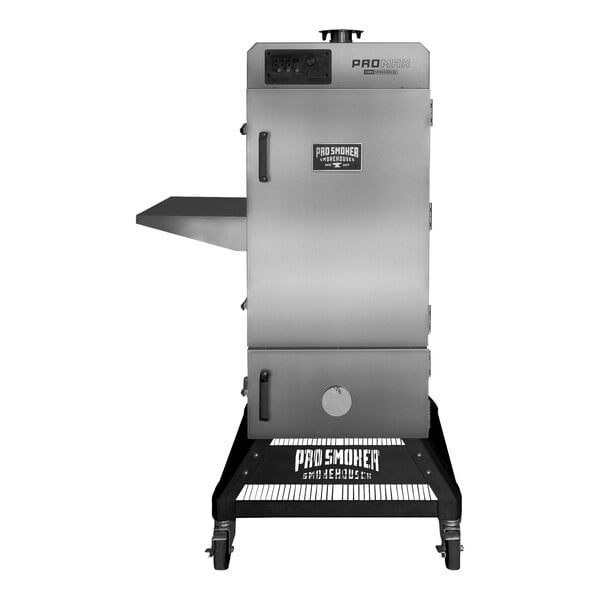 A Pro Max Electric Smokehouse, a large stainless steel smoker on wheels.