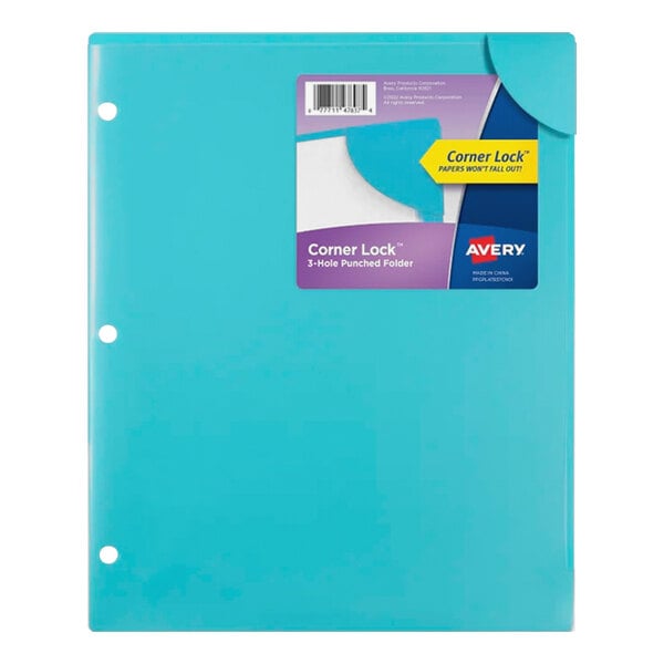 A blue folder with holes and a purple and blue rectangle with white text.