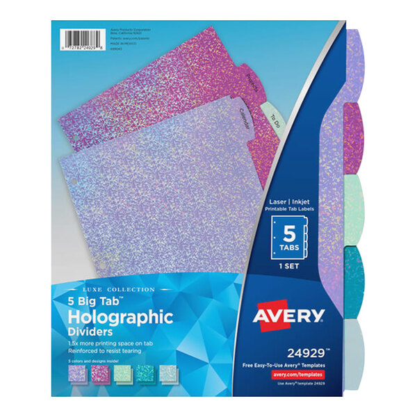 A box of Avery Luxe Collection divider tabs in different colors.
