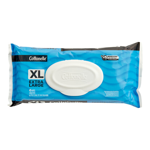 A blue and white package of Cottonelle Freshcare extra large wet wipes.