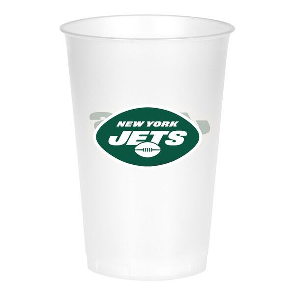 A white Creative Converting plastic cup with a green New York Jets logo.
