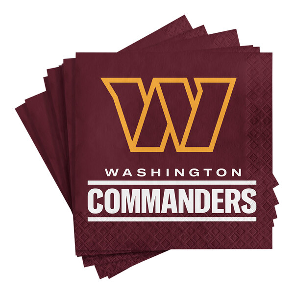 A stack of Washington Commanders luncheon napkins with a logo on the stack.