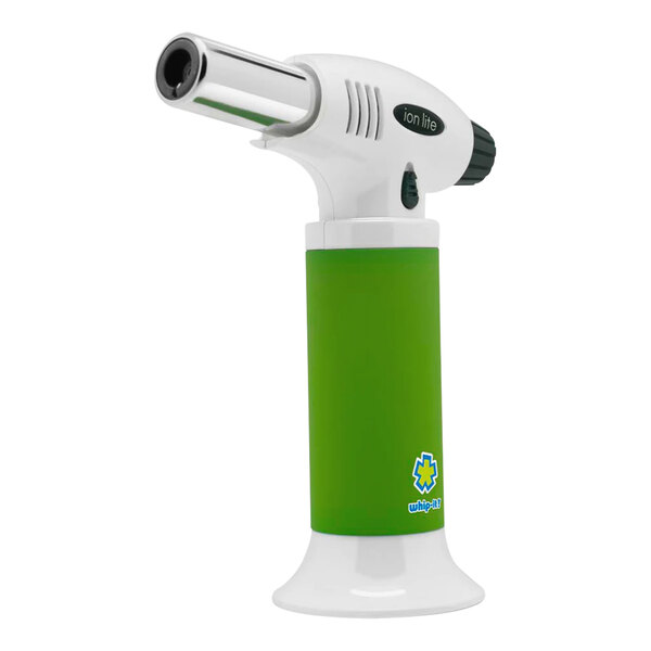 A green and white Whip-It Ion Lite butane torch with a green handle.