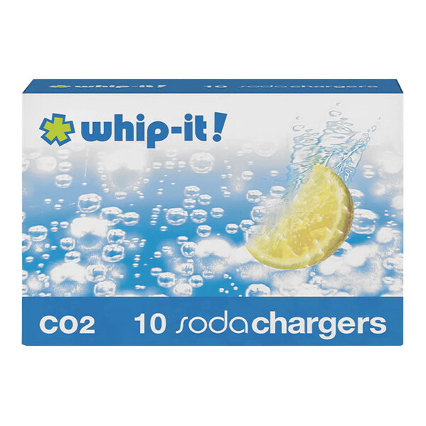 A box of 10 Whip-It soda chargers on a white background.