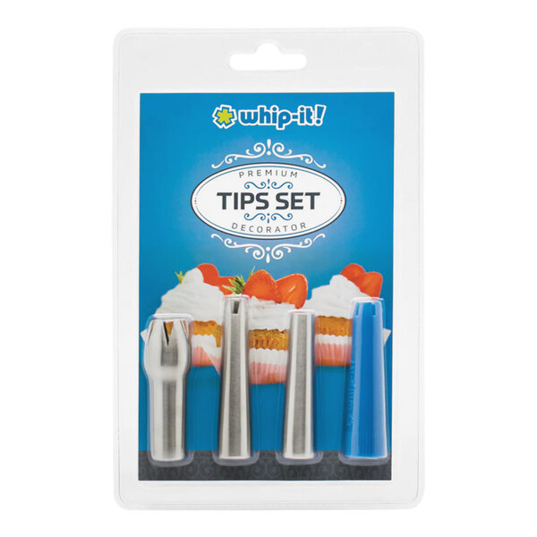 A blue and silver Whip-It Decorating Tip Set package containing three different shaped tips.