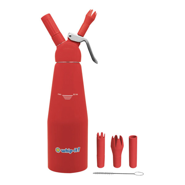A red rubber-coated aluminum Whip-It cream whipper.