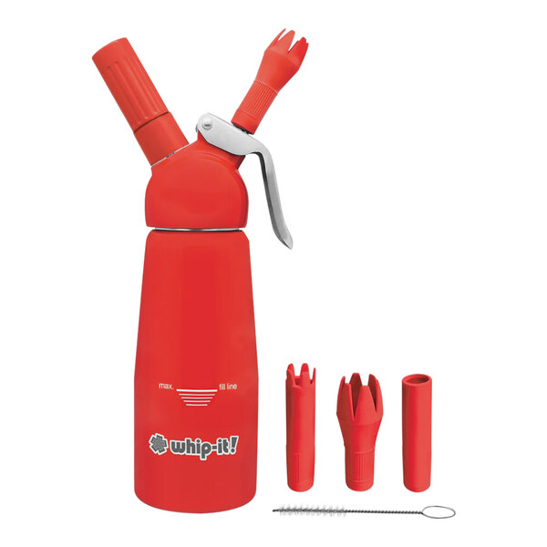 A red Whip-It cream whipper with a silver handle.