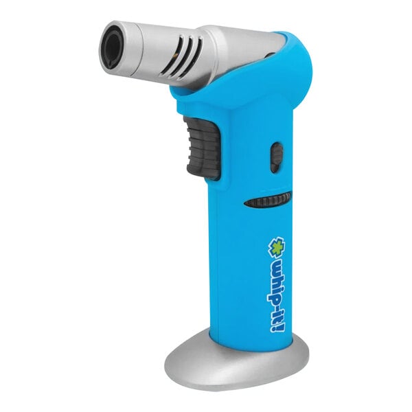 A Whip-It Tilt blue and silver butane torch with a blue handle.