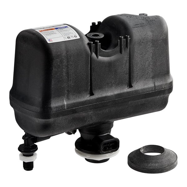 A black plastic Flushmate tank with a round metal push button.