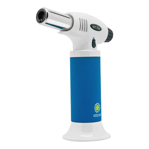 A blue and white Whip-It Ion Lite butane torch with a black handle.